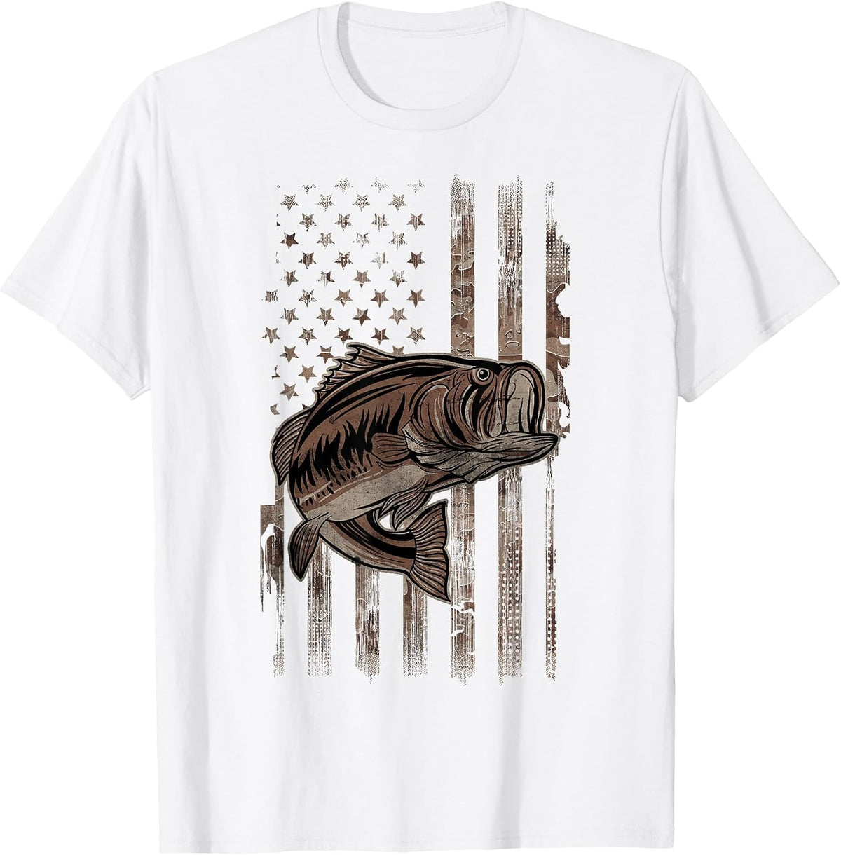 Camo American Flag Fishing - for Largemouth Bass Fisher T-Shirt - White