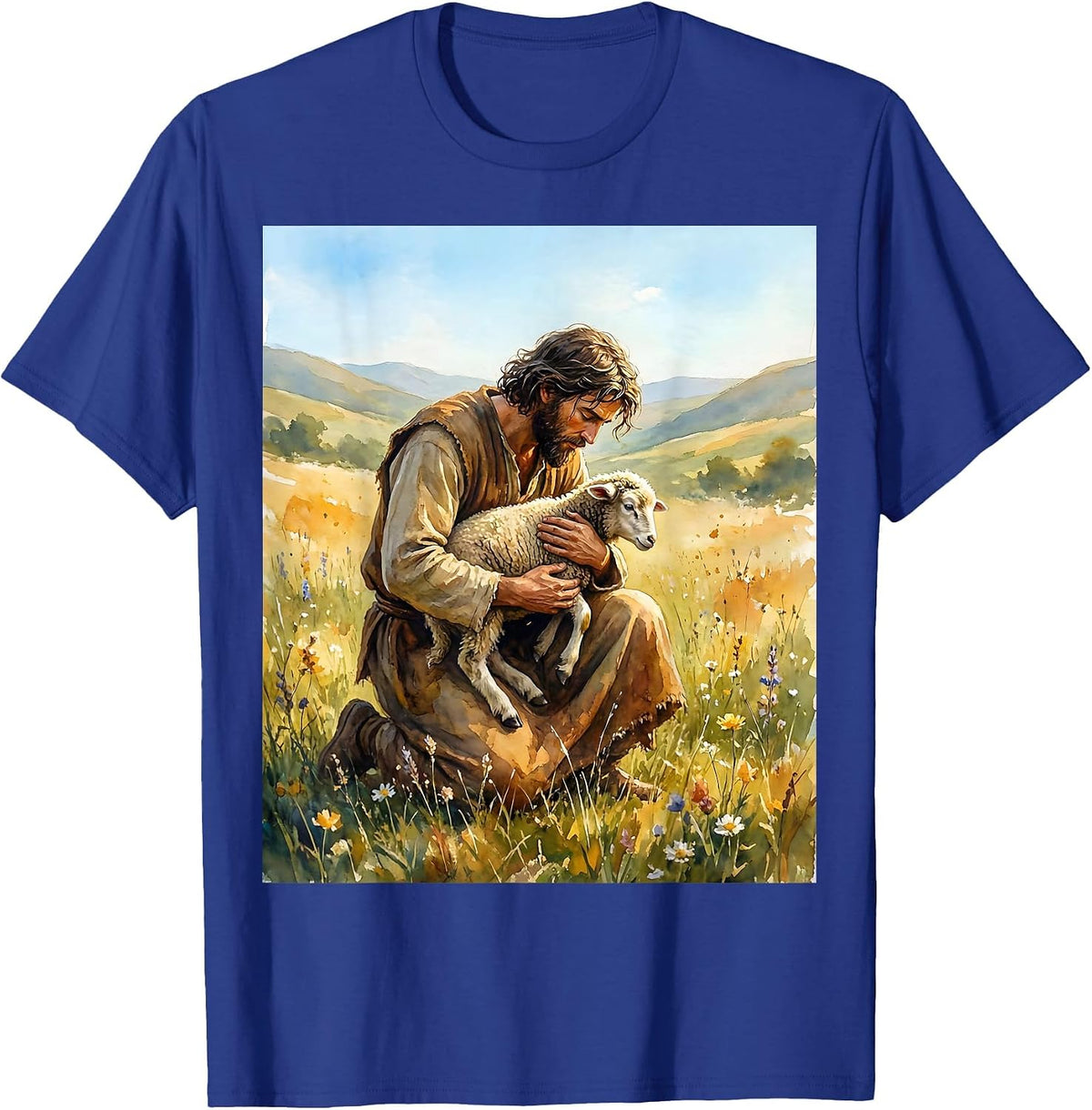 Psalm 23 Shepherd and Sheep Illustration T-Shirt - Royal Blue