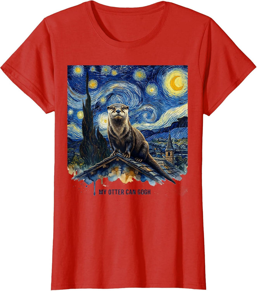 Women's My Otter Can Gogh Whimsical Art Parody Cat Lover Gift T-Shirt - Red