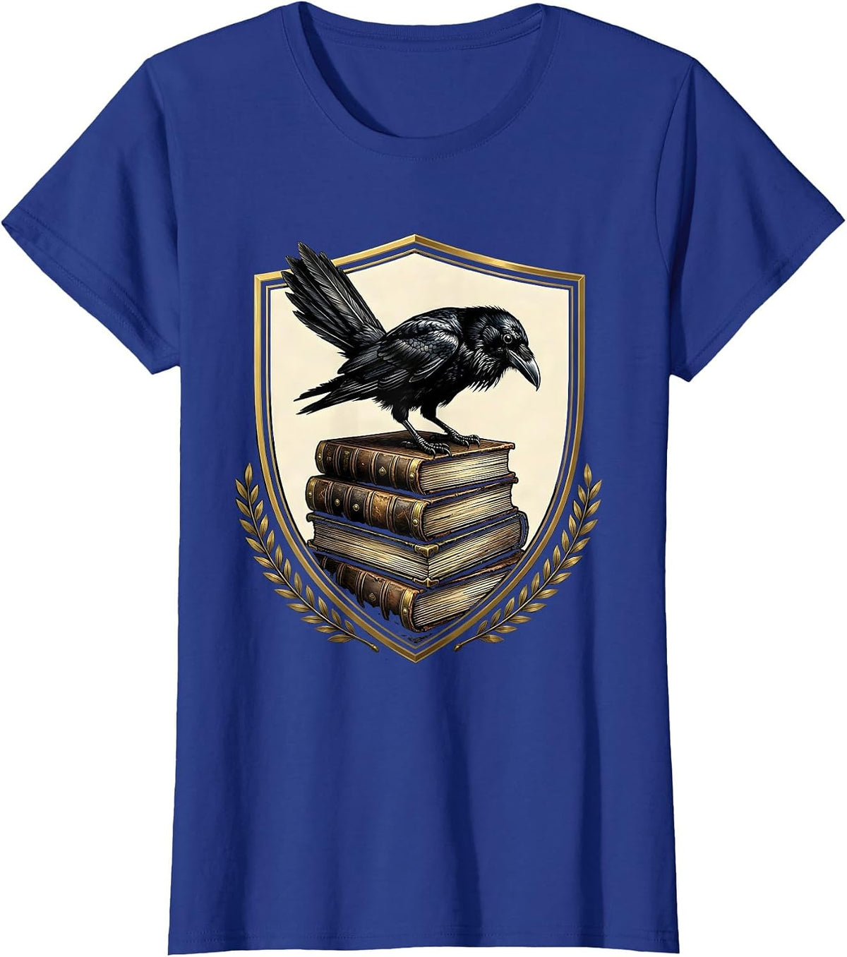 Women's Crow on Stacked Old Leather Books Illustration T-Shirt - Royal Blue
