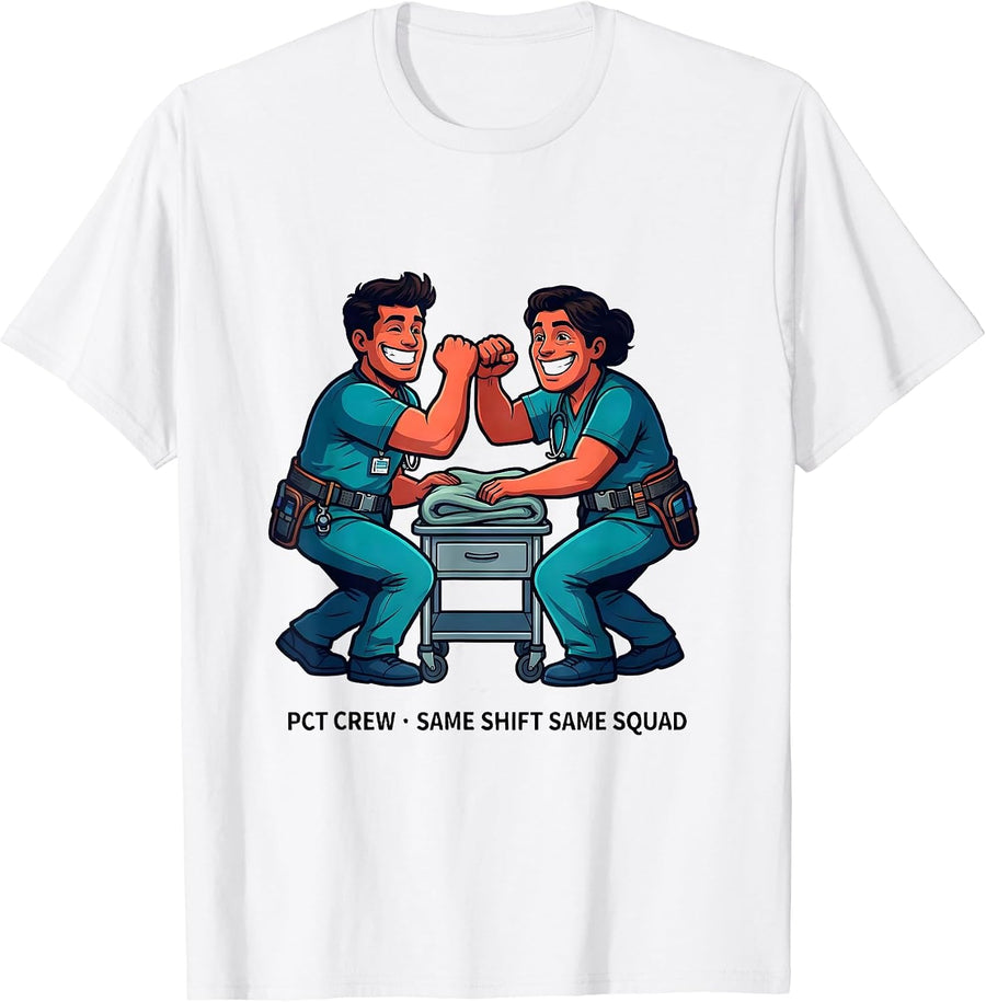 PCT Crew Same Shift Same Squad Cartoon Patient Care T-Shirt - White