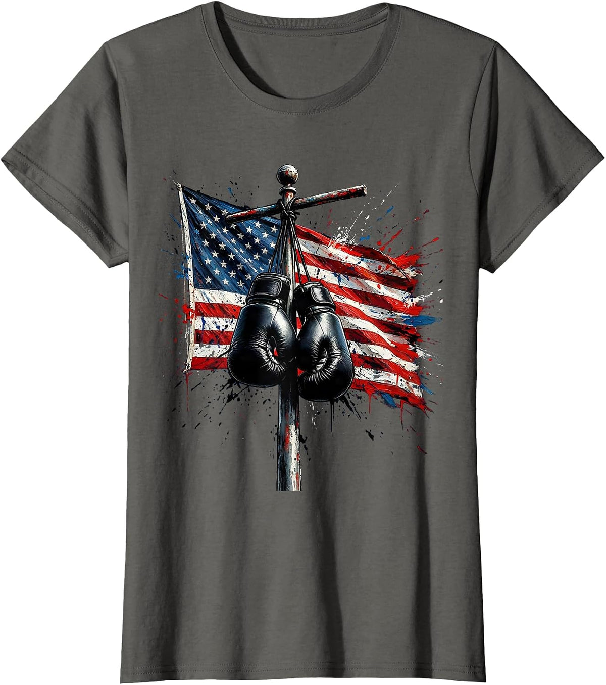 Women's Boys Red White Blue Boxing Gloves Flagpole T-Shirt - Asphalt Grey