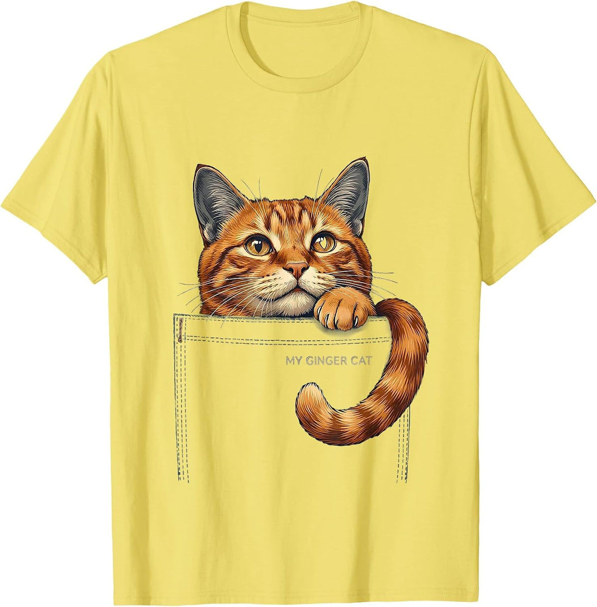 Men's My Ginger Cat Cute Cat Lover Pet Pocket Graphic T-Shirt - Lemon Yellow