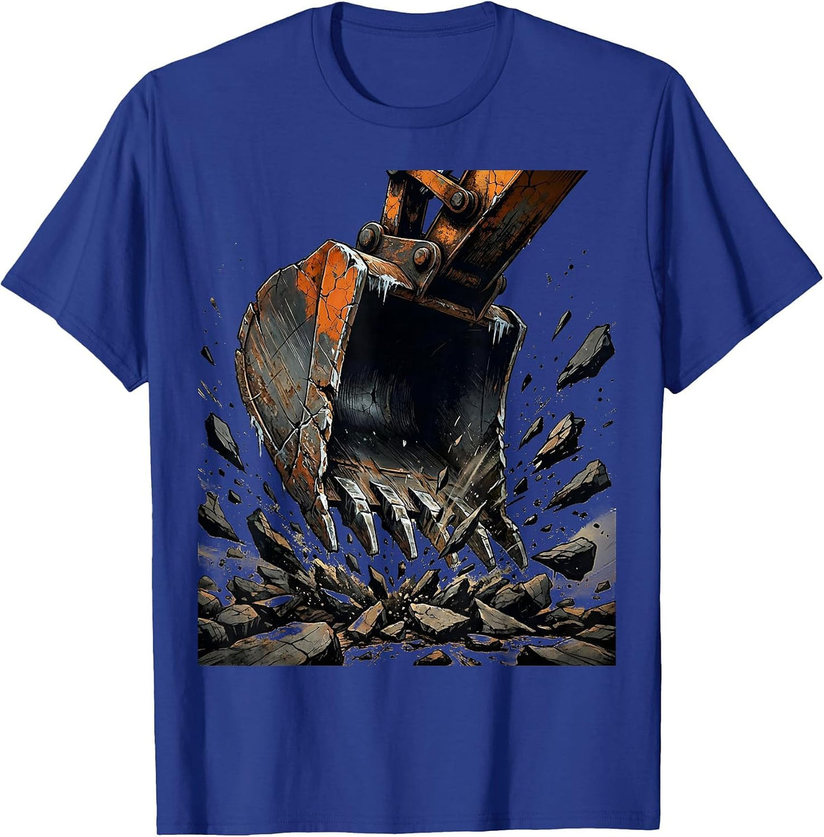Excavator Bucket Breaking Rock Ground Illustration T-Shirt - Royal Blue