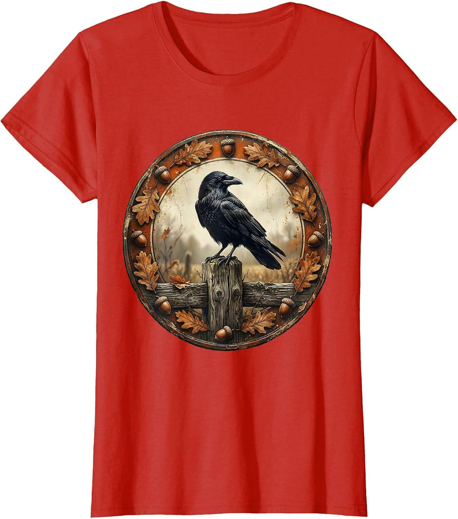 Women's Crow on Fence Post Fall Autumn Harvest Illustration T-Shirt - Red
