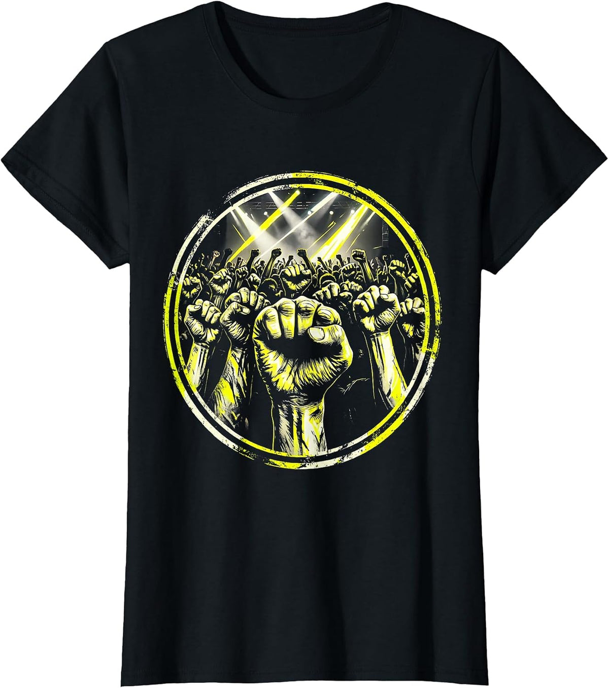 Punk Band Raised Fists Stage Lights Crowd Art T-Shirt - Black