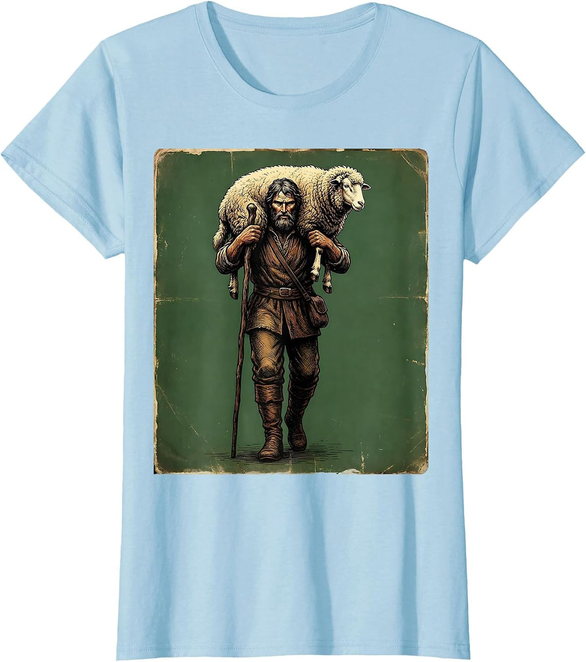 Shepherd Carrying Lost Sheep Christian Faith Graphic T-Shirt - Baby Blue