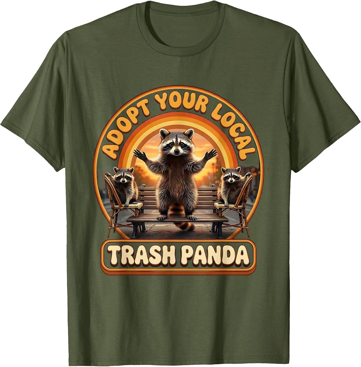 Men's Adopt Your Local Trash Panda Retro 70s Raccoon Meme Humor T-Shirt - Olive Green
