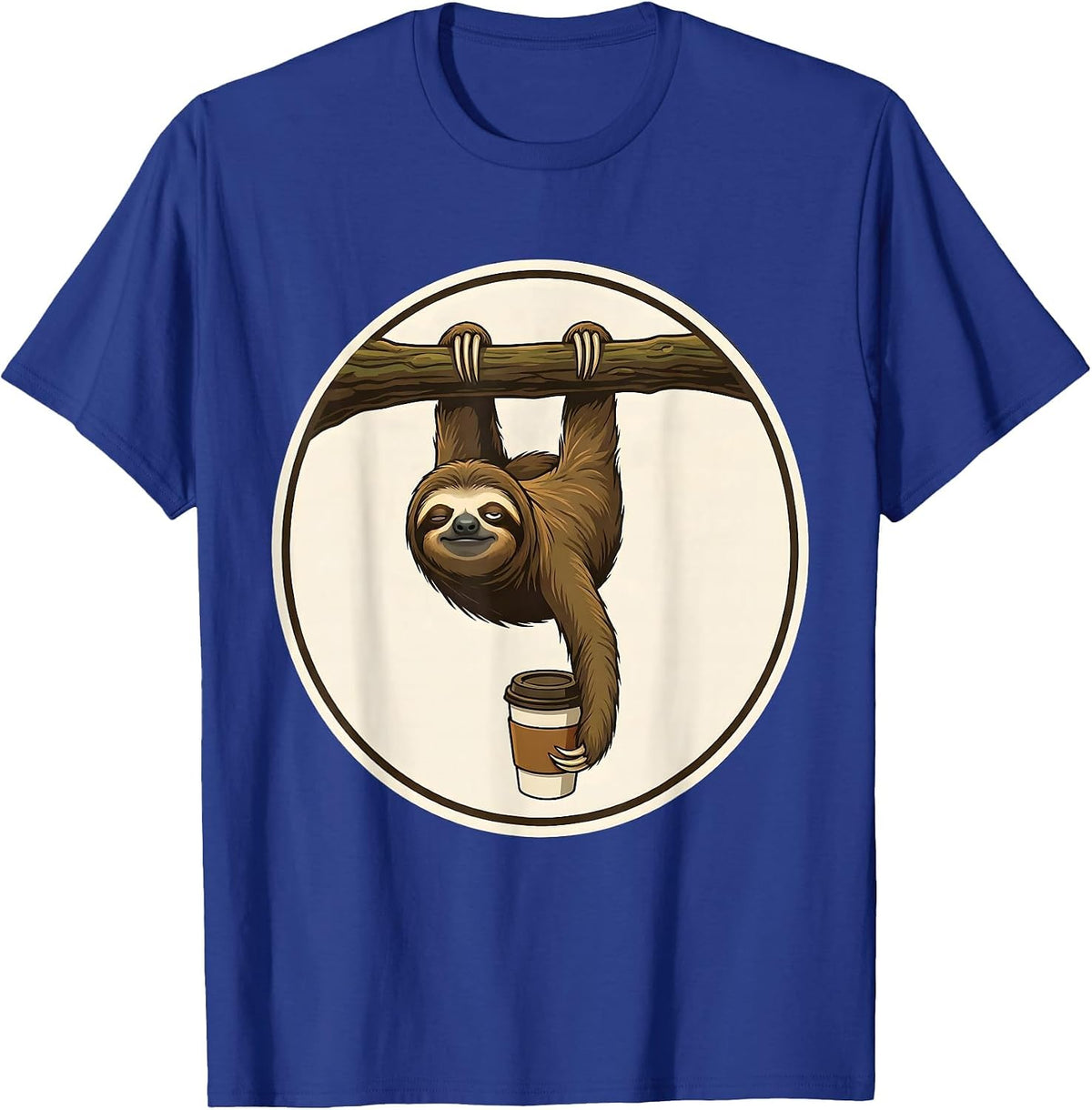 Funny Sloth Hanging From Branch With Coffee Cup T-Shirt - Royal Blue