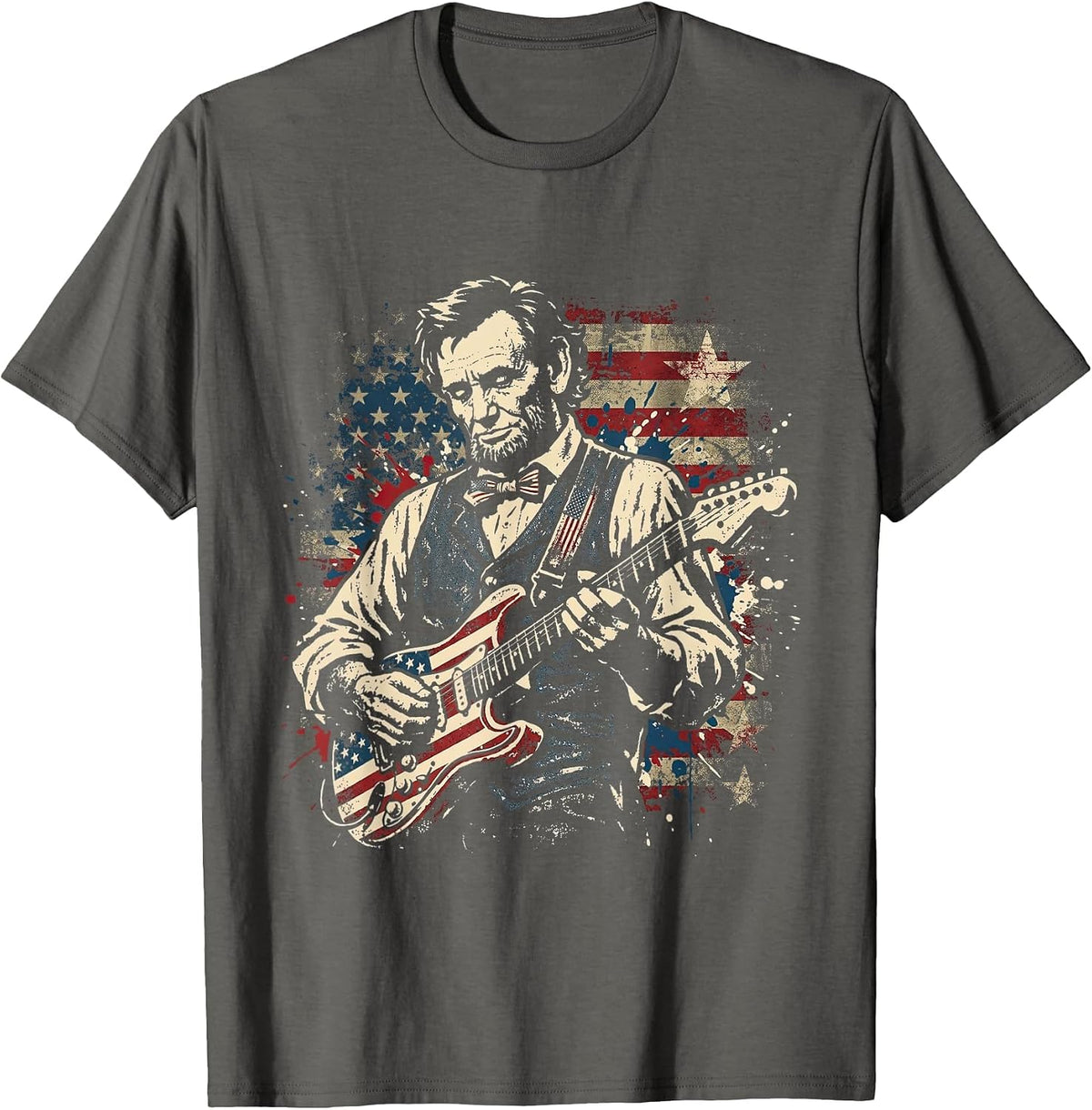 Abraham Lincoln President Playing Guitar US Flag 4th of July T-Shirt - Asphalt Grey