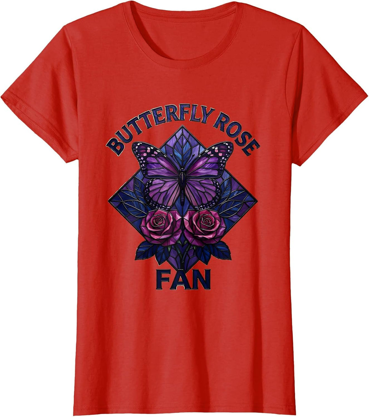 Butterfly Rose Fan Stained Glass Mosaic Butterfly Lover Gift T-Shirt - Red