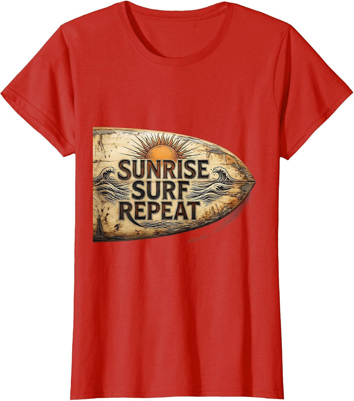 Sunrise Surf Repeat Wave Rider Design T-Shirt - Red