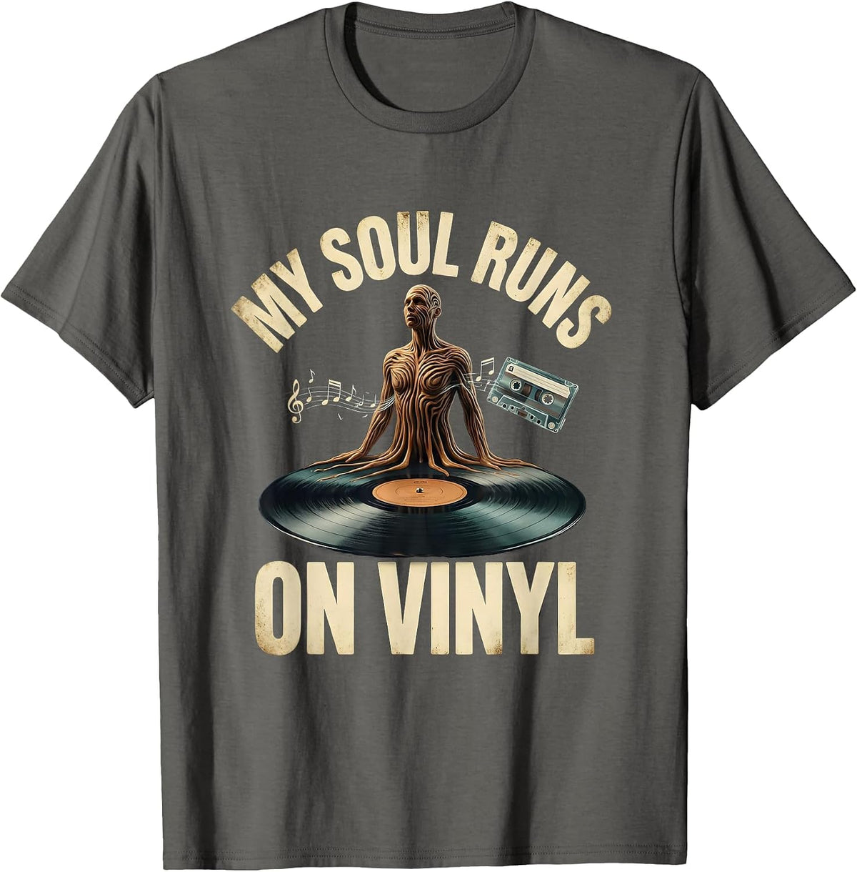 My Soul Runs on Vinyl Surreal Vinyl Design T-Shirt - Asphalt Grey