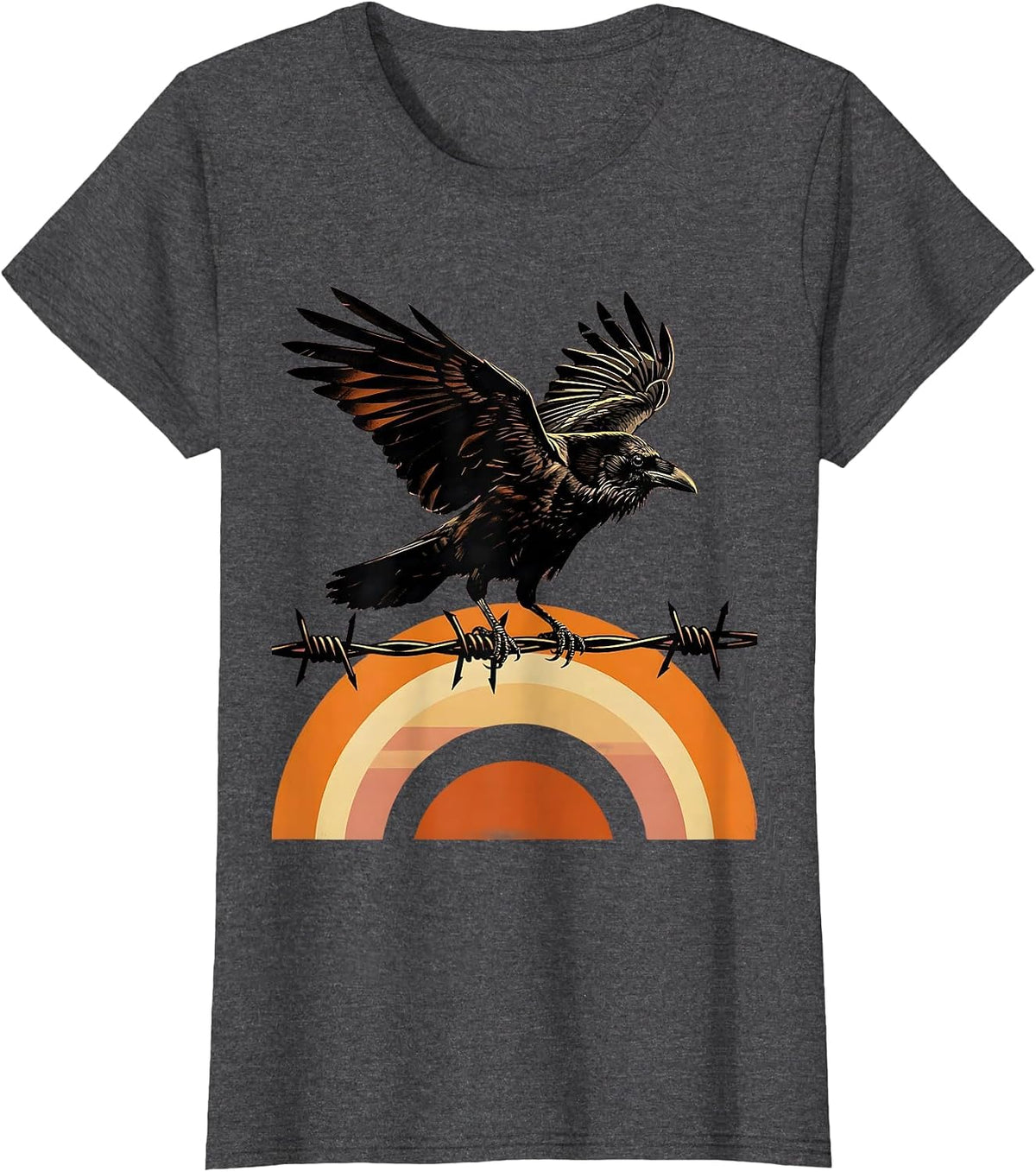 Women's Crow on Barbed Wire Sunrise Illustration T-Shirt - Dark Heather Grey