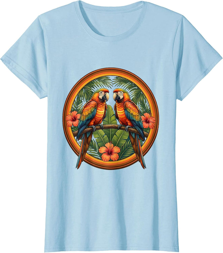Women's Tropical Parrot Aloha Print Hawaiian Design T-Shirt - Baby Blue