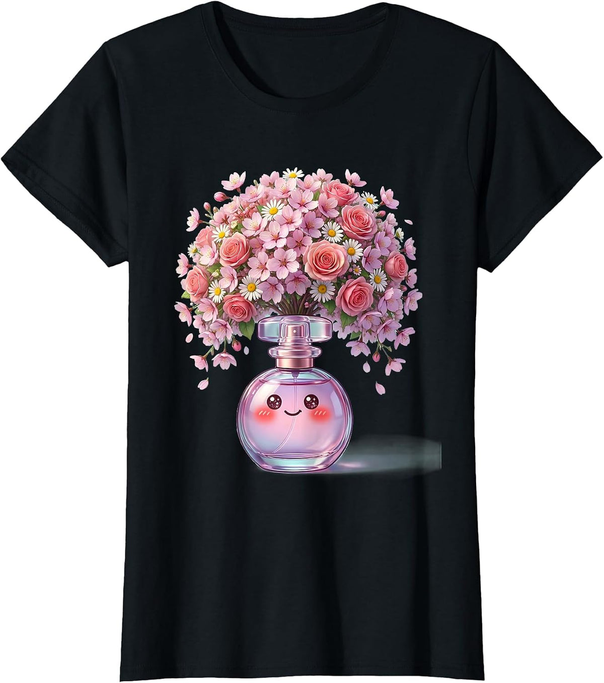 Gigi Floral Perfume Bottle Overflow Design T-Shirt - Black