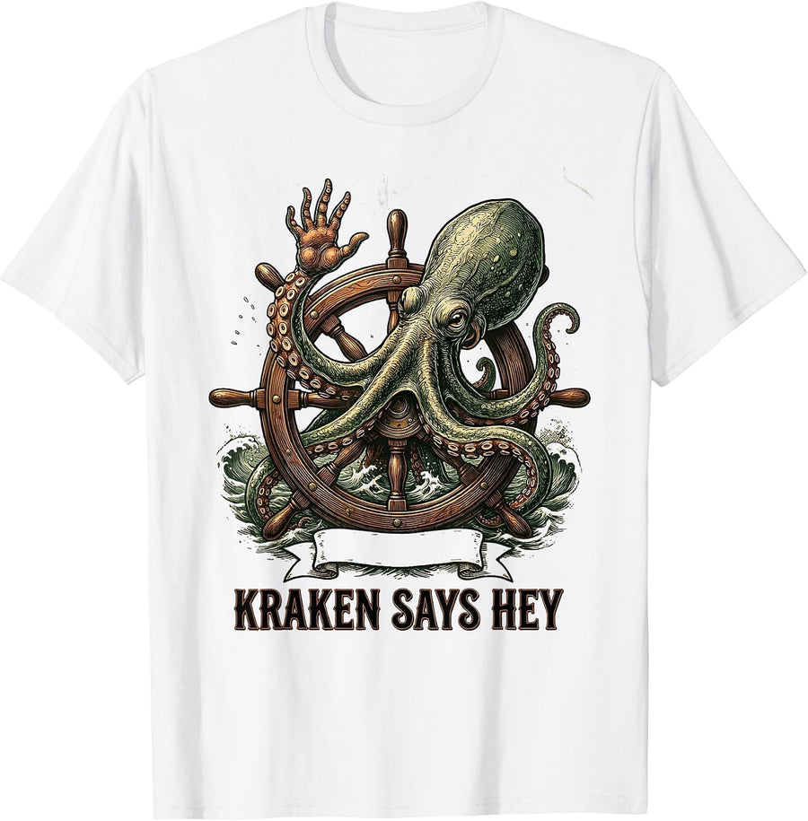 Men's Kraken Says Hey Vintage Sea Monster Octopus Lover Gift T-Shirt - White