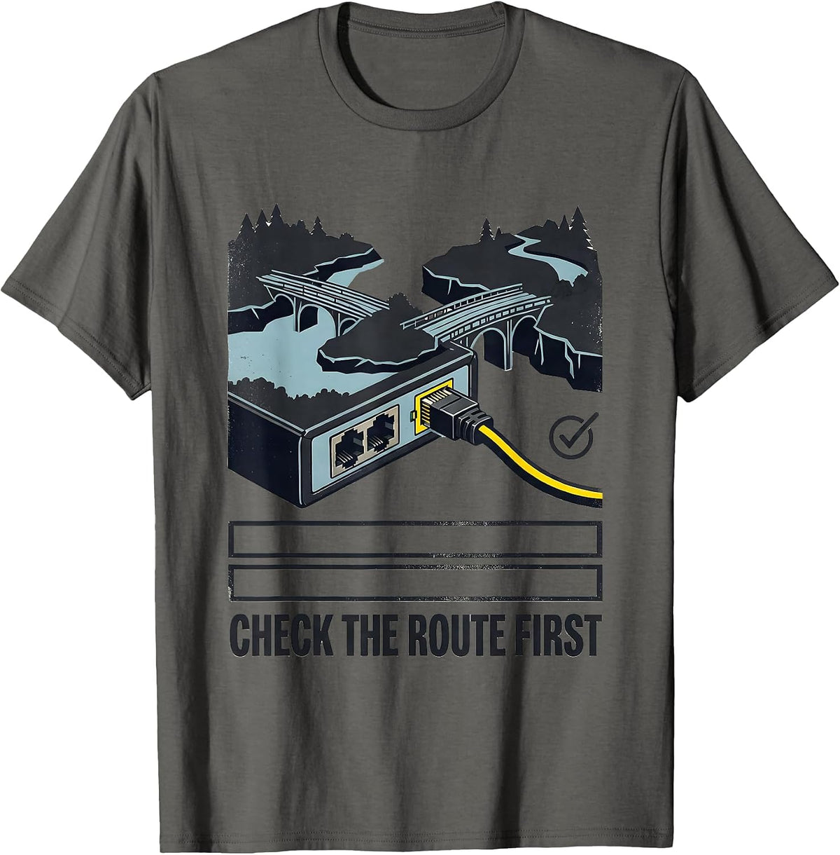 Check The Route First Stencil Graphic IT Support Programmer T-Shirt - Asphalt Grey