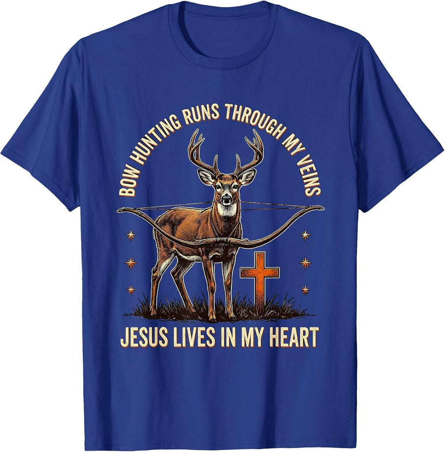 Bow Hunting Runs Through My Veins, Jesus Lives In My Heart T-Shirt - Royal Blue
