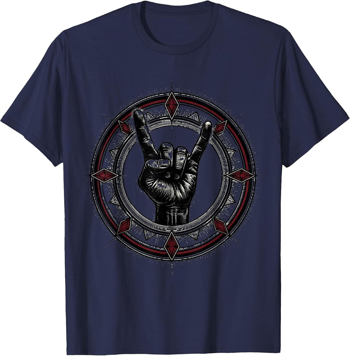 Vintage Rock Devil Horns Hand Sign Illustration T-Shirt - Navy Blue