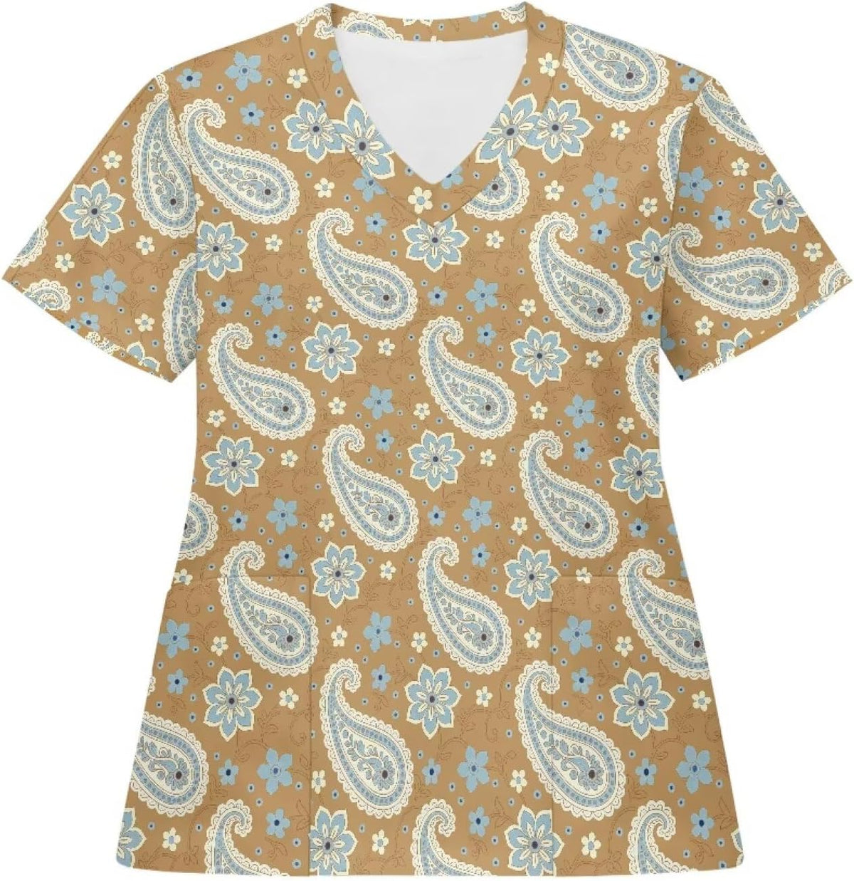 Womens Scrub Tops 2 Pockets V-Neck Nurse - Retro Pattern