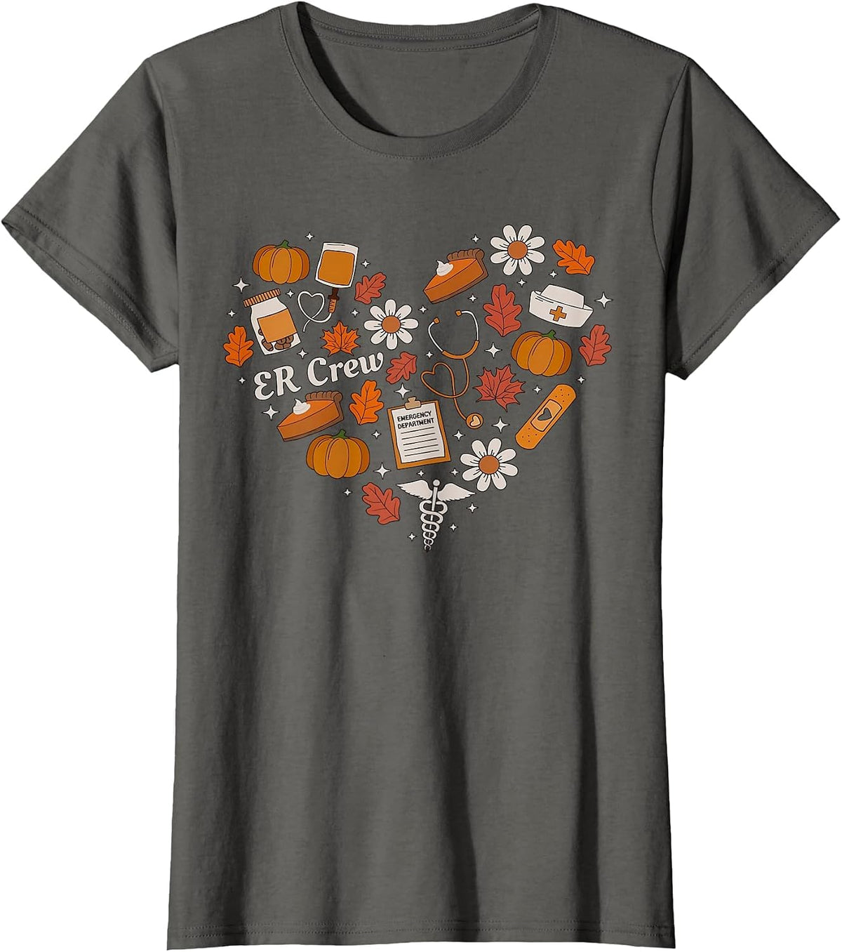Fall Emergency Department Leaves Heartbeat Thanksgiving ER T-Shirt - Asphalt Grey
