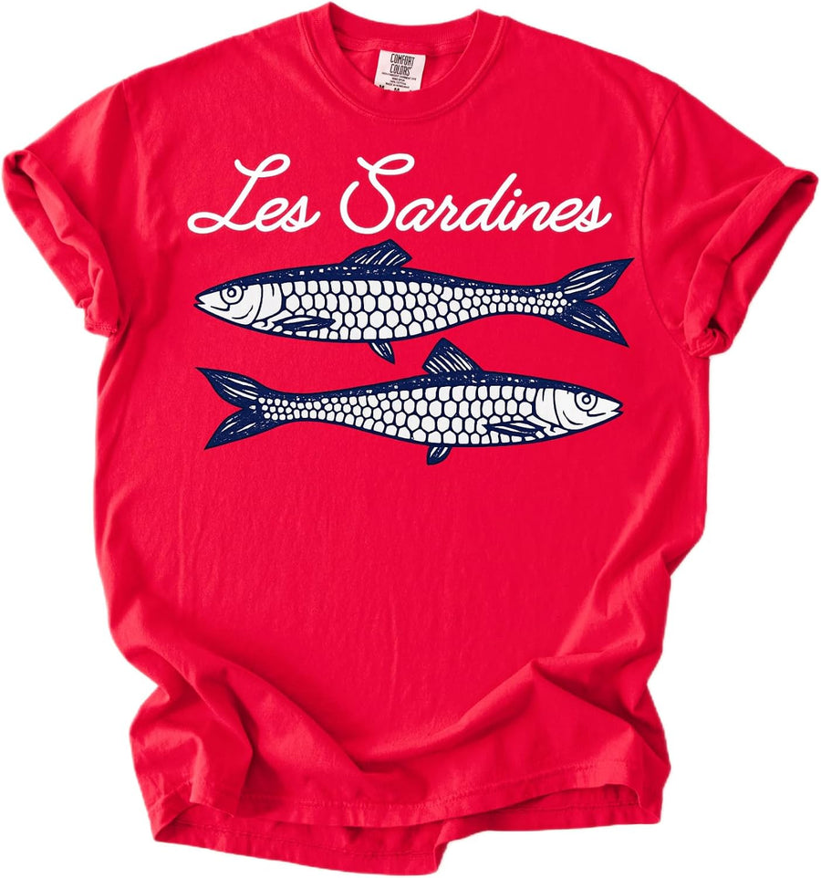Les Sardines Graphic Summer Unisex T-Shirt Vintage Fish Coastal Style Tee - Red