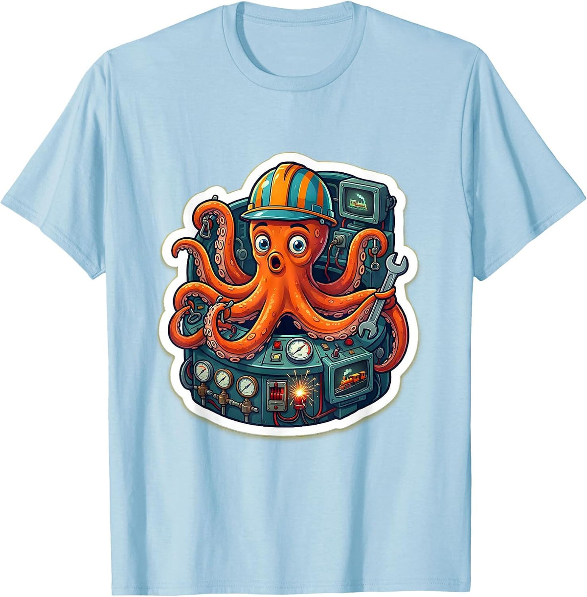 Men's Octopus Engineer Chaos Train Control Room T-Shirt - Baby Blue
