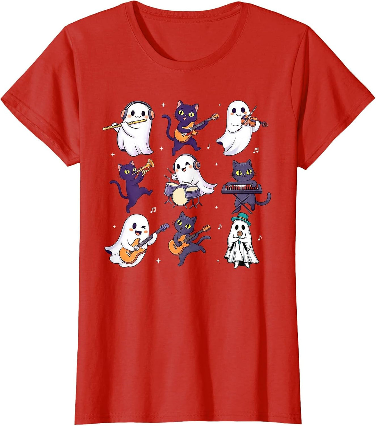 Cute Ghost Cat Playing Musical Halloween Music Teacher T-Shirt - Red