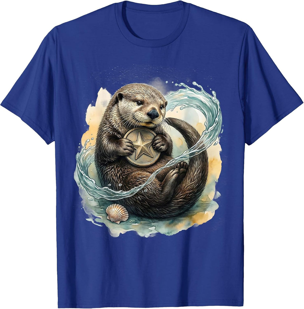 Curled Sea Otter Star Hug Watercolor Otter Lover Gift T-Shirt - Royal Blue