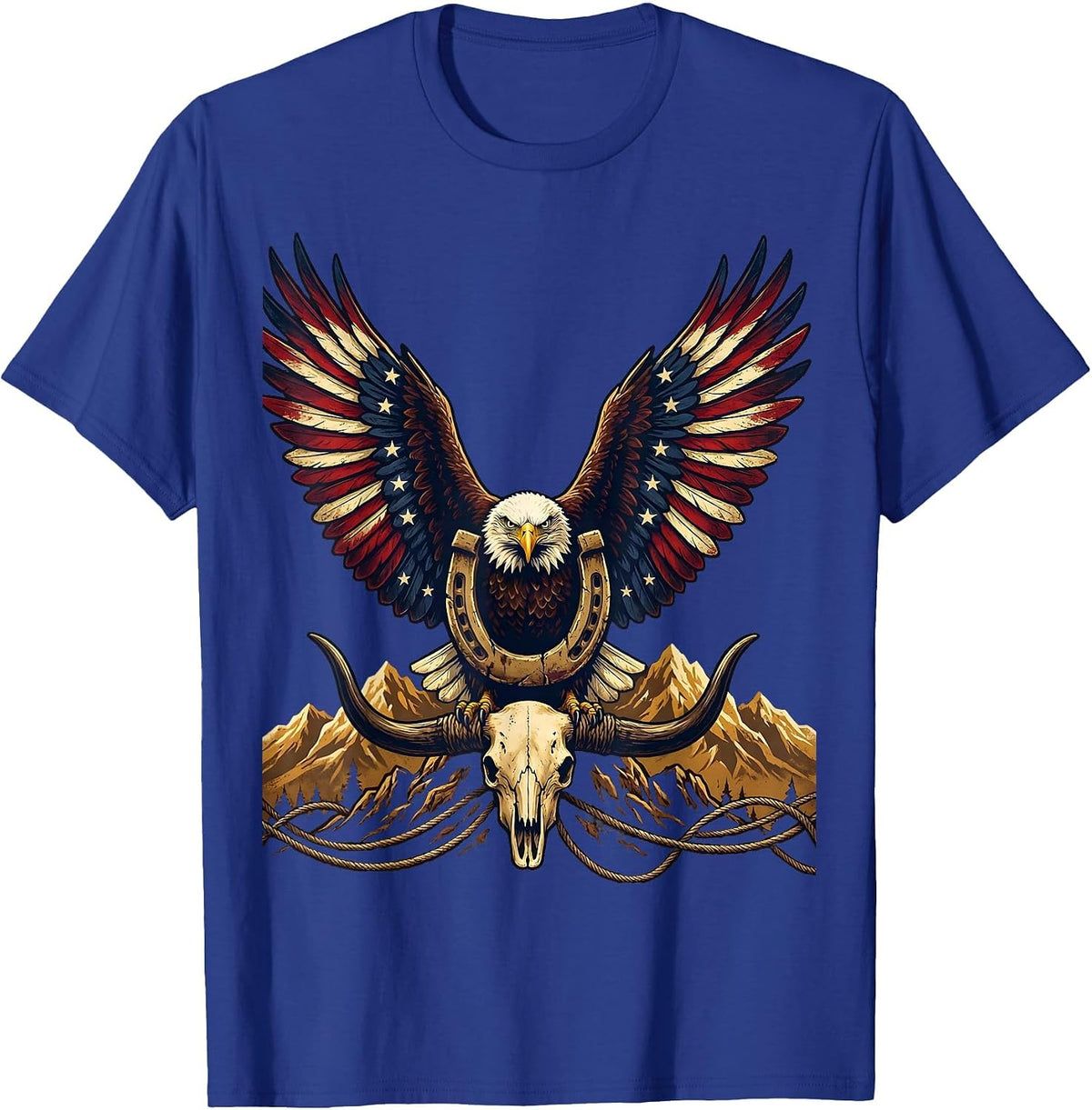 Men's Bald Eagle Soaring Over Mountains Red White Blue T-Shirt - Royal Blue
