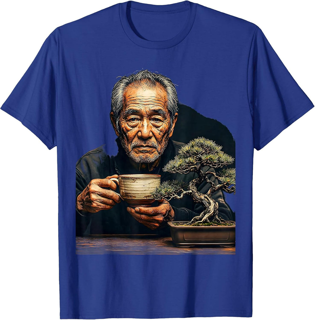 Japanese Elder Tea and Bonsai Graphic T-Shirt - Royal Blue