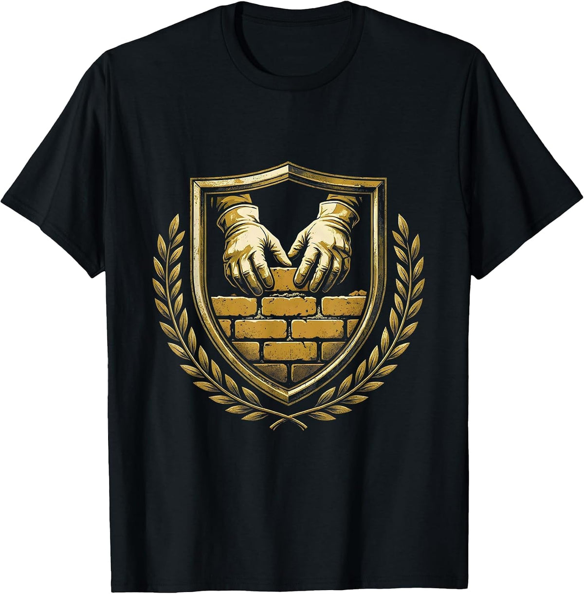 Men's Bricklayer Gloved Hands Laying Bricks Illustration T-Shirt - Black