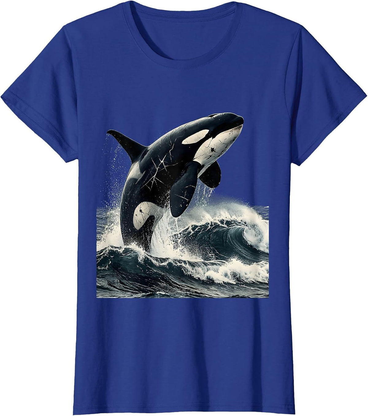 Alaska Orca Breaching Icy Ocean Waves Art T-Shirt - Royal Blue