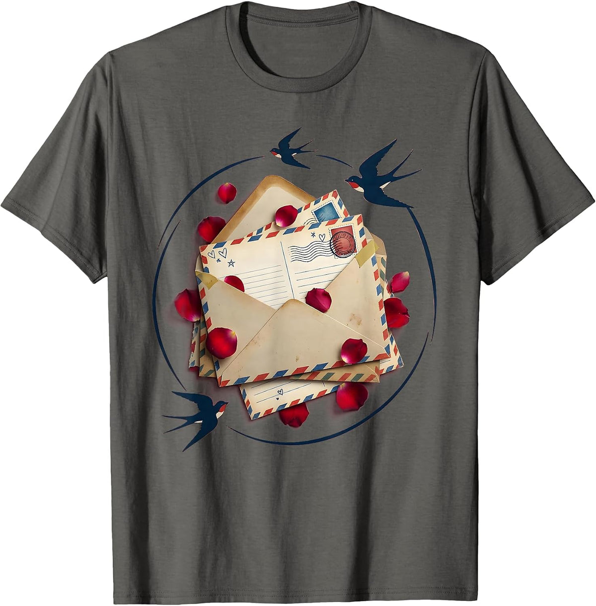 Gigi Swallow Birds Ornate Letter G Illustration T-Shirt - Asphalt Grey