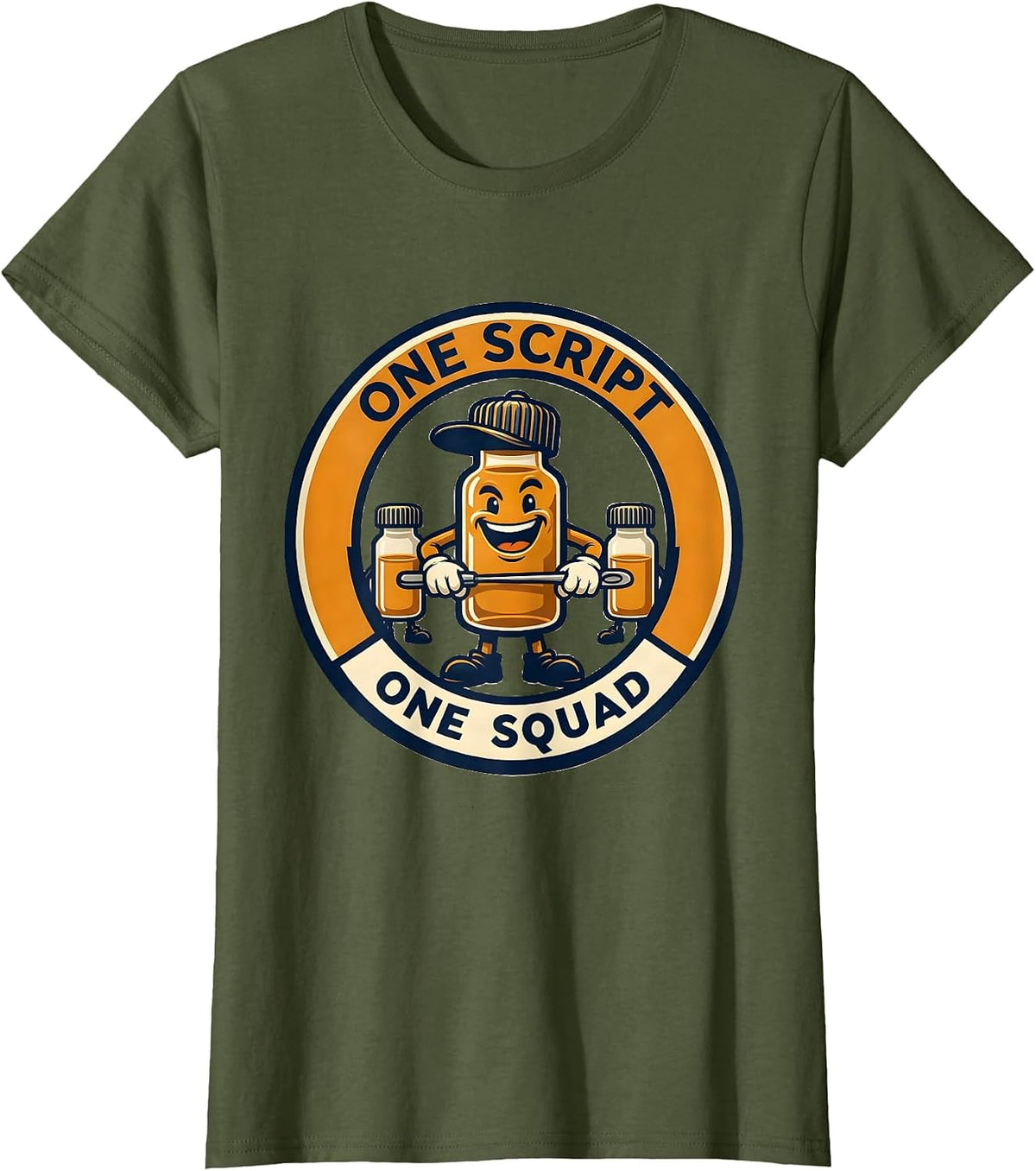 Women's One Script One Squad Cute Pharmacy Tech Squad Humor T-Shirt - Olive Green