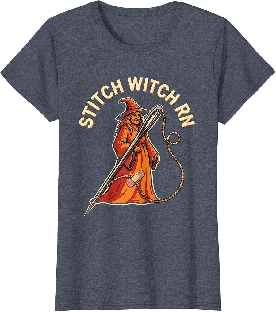 Women's Stitch Witch RN Funny Halloween Nurse Medical Humor T-Shirt - Heather Blue