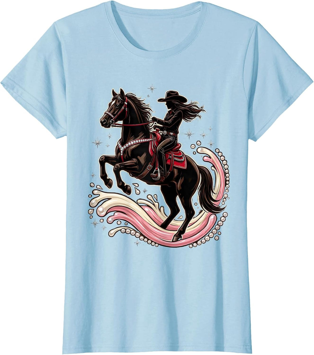 Women's Cowgirl Riding Horse Through River Splash T-Shirt - Baby Blue