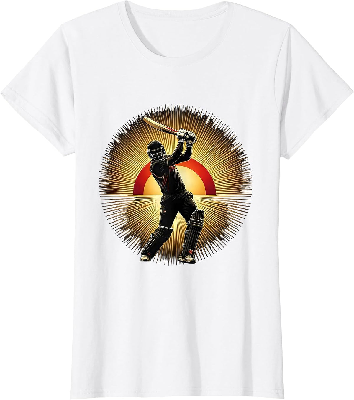 Women's Cricket Batsman Silhouette Blazing Sunrise Design T-Shirt - White