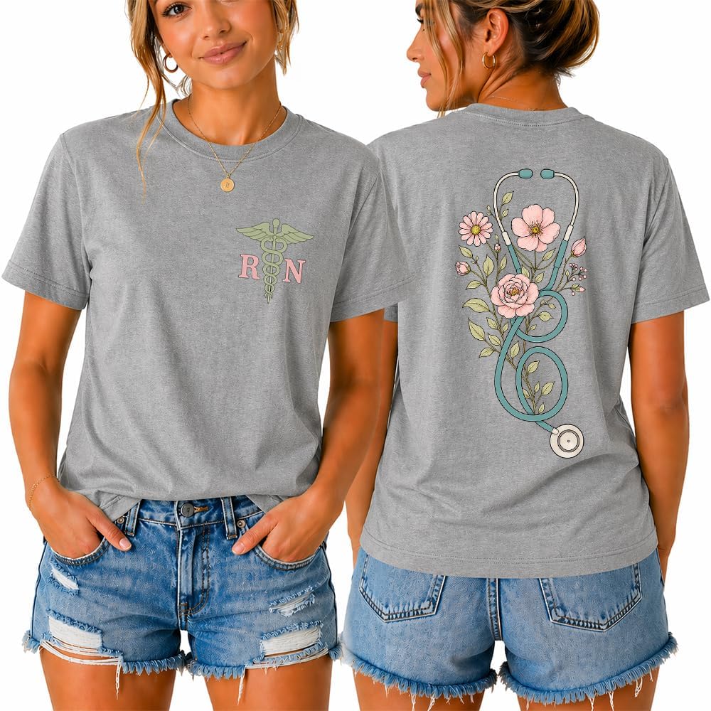 Nurse Shirt for Women RN CNA Boho Floral Nurse Stethoscope T-Shirt - Grey