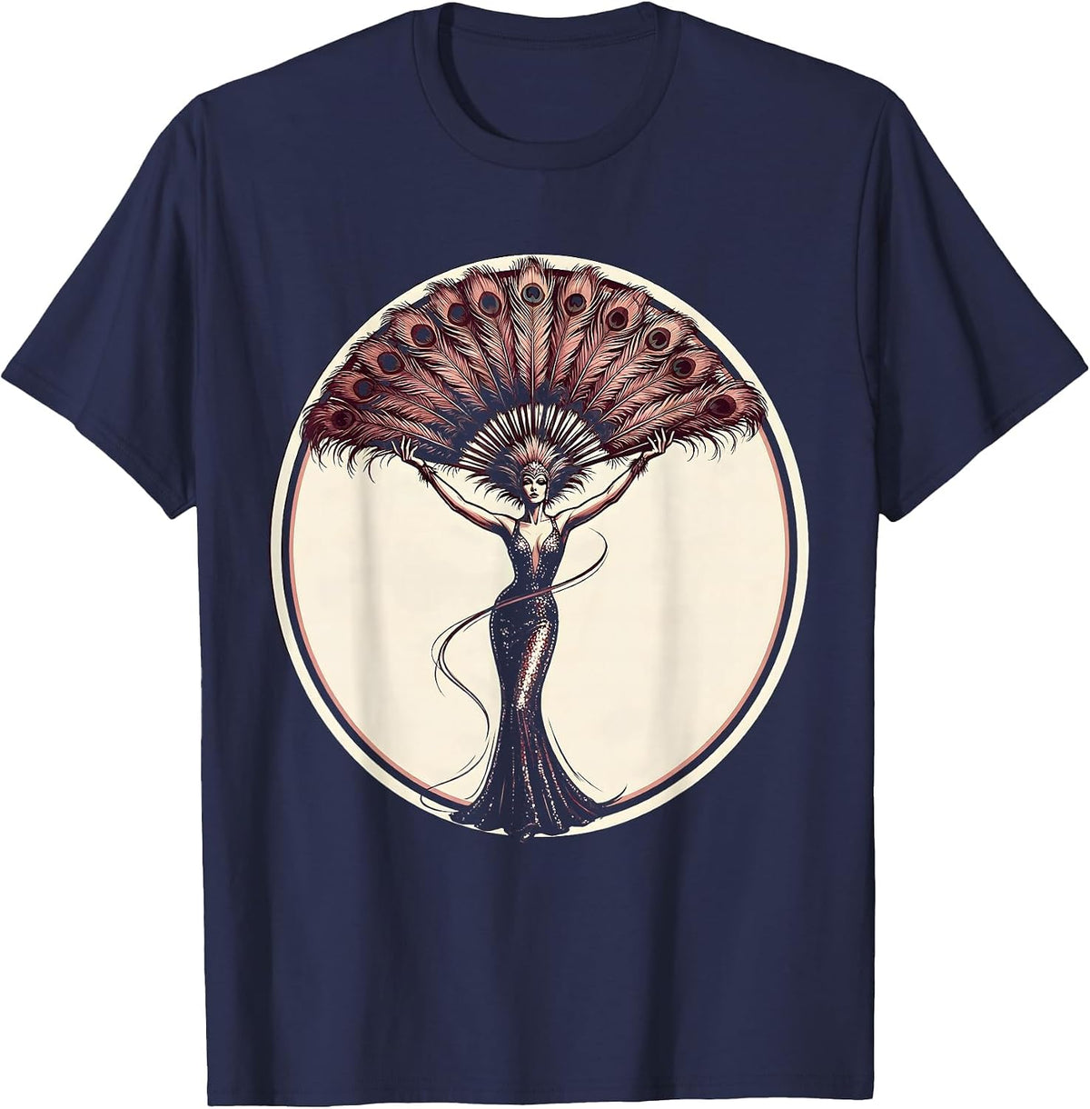 Showgirl Feathered Fan Dance Illustration T-Shirt - Navy Blue