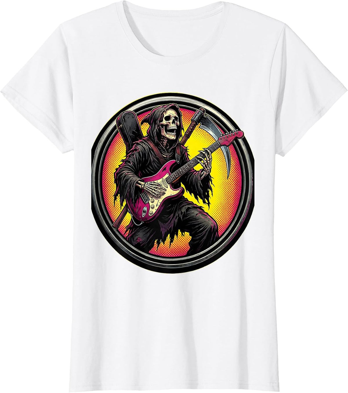 Grim Reaper Air Guitar Rock Death Metal Design T-Shirt - White
