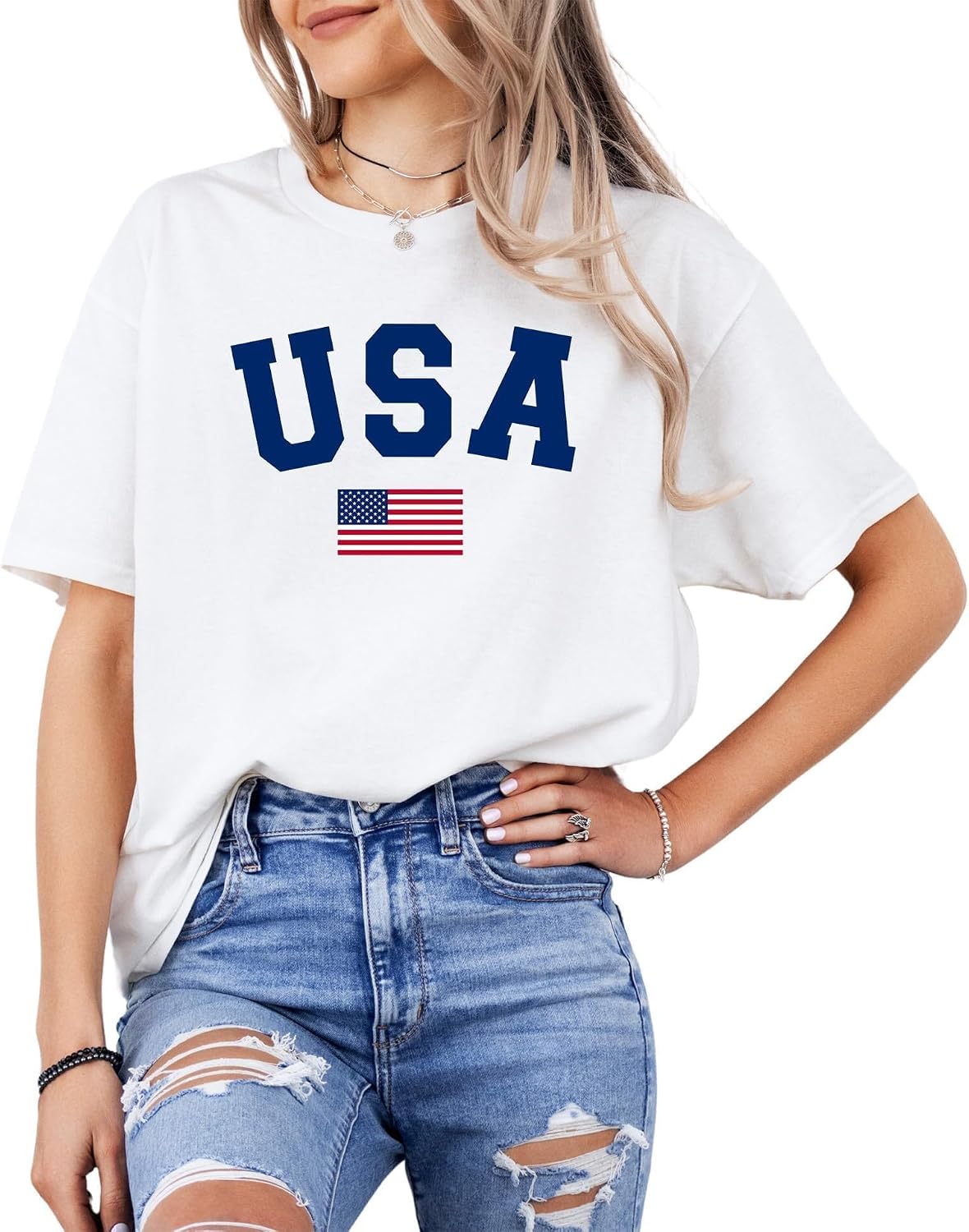 Patriotic American Flag T-Shirt for Men and Women - 100% Cotton USA Graphic Tee - Distressed Style Short Sleeve Shirt - White