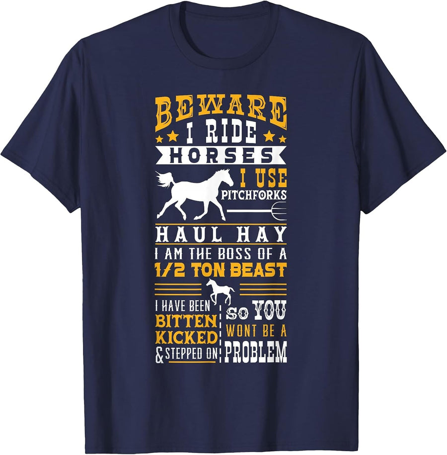 Horse Lovers Equestrian Riding Caution I Ride Horses T-Shirt - Navy Blue