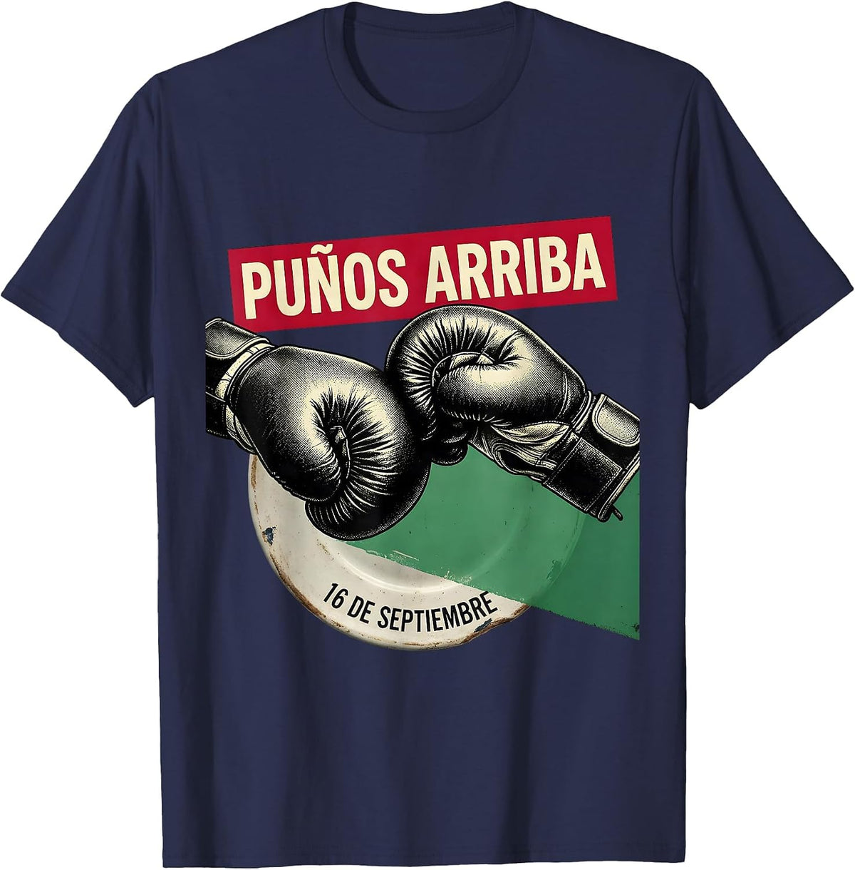Men's 16 De Septiembre Puños Arriba Mexican Boxing Flag Vintage T-Shirt - Navy Blue