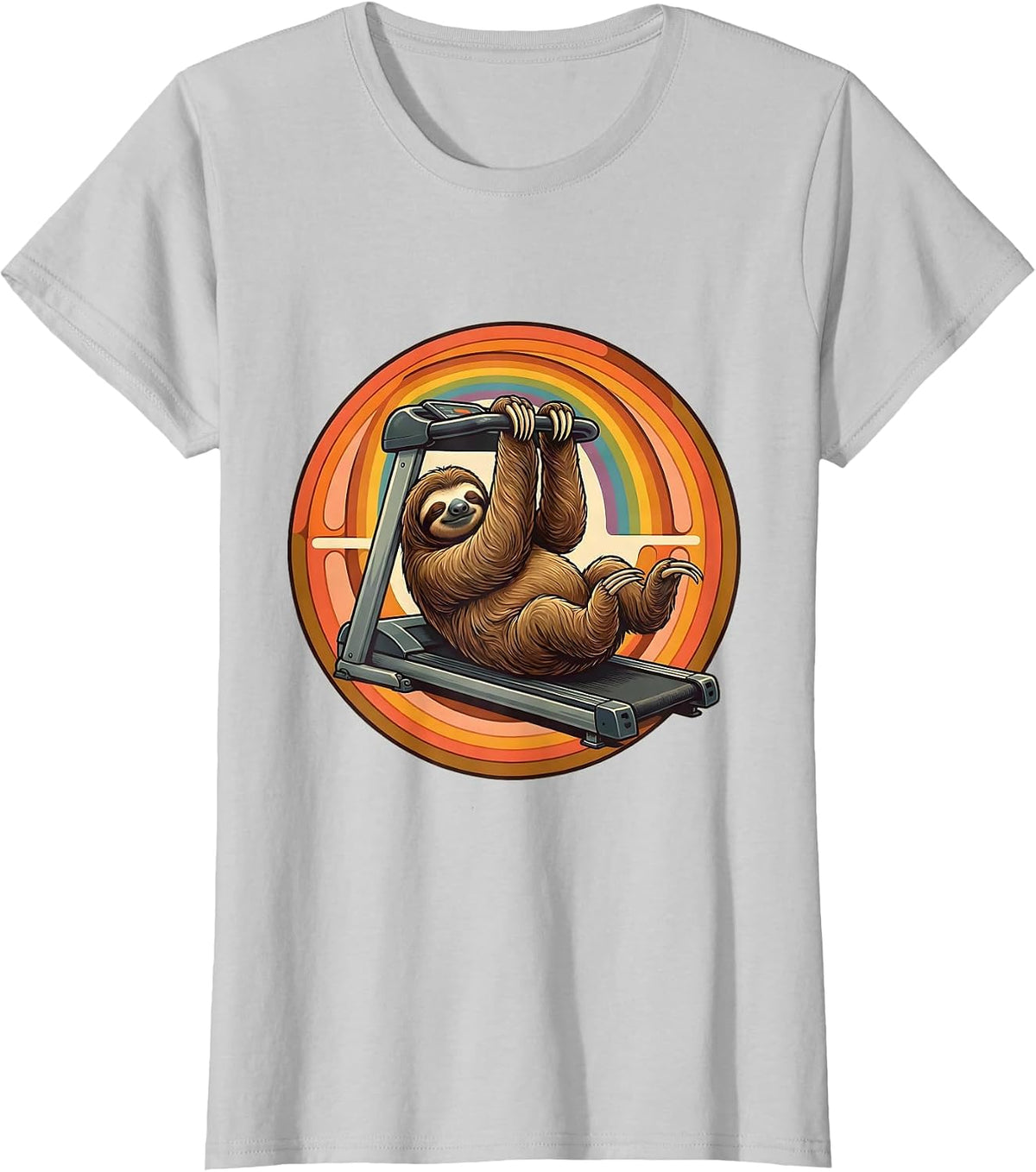 Women's Funny Sloth Hanging From Treadmill Illustration T-Shirt - Silver Grey