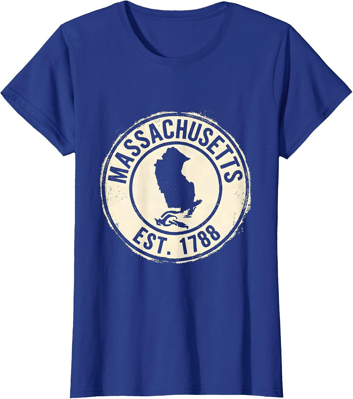 Women's Massachusetts Est. 1788 Vintage Rubber Stamp State Pride T-Shirt - Royal Blue