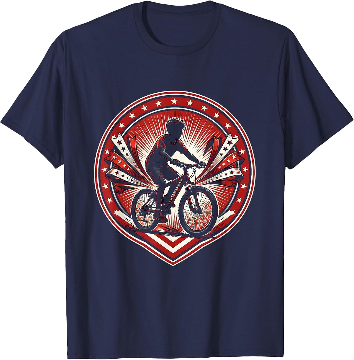 Patriotic Kid on Bicycle with Festive Streamers T-Shirt - Navy Blue