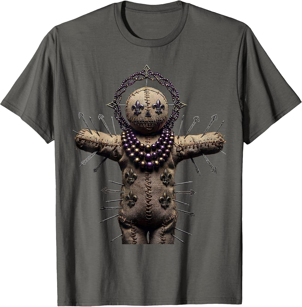 Voodoo Doll Mardi Gras Beads Festive Illustration T-Shirt - Asphalt Grey