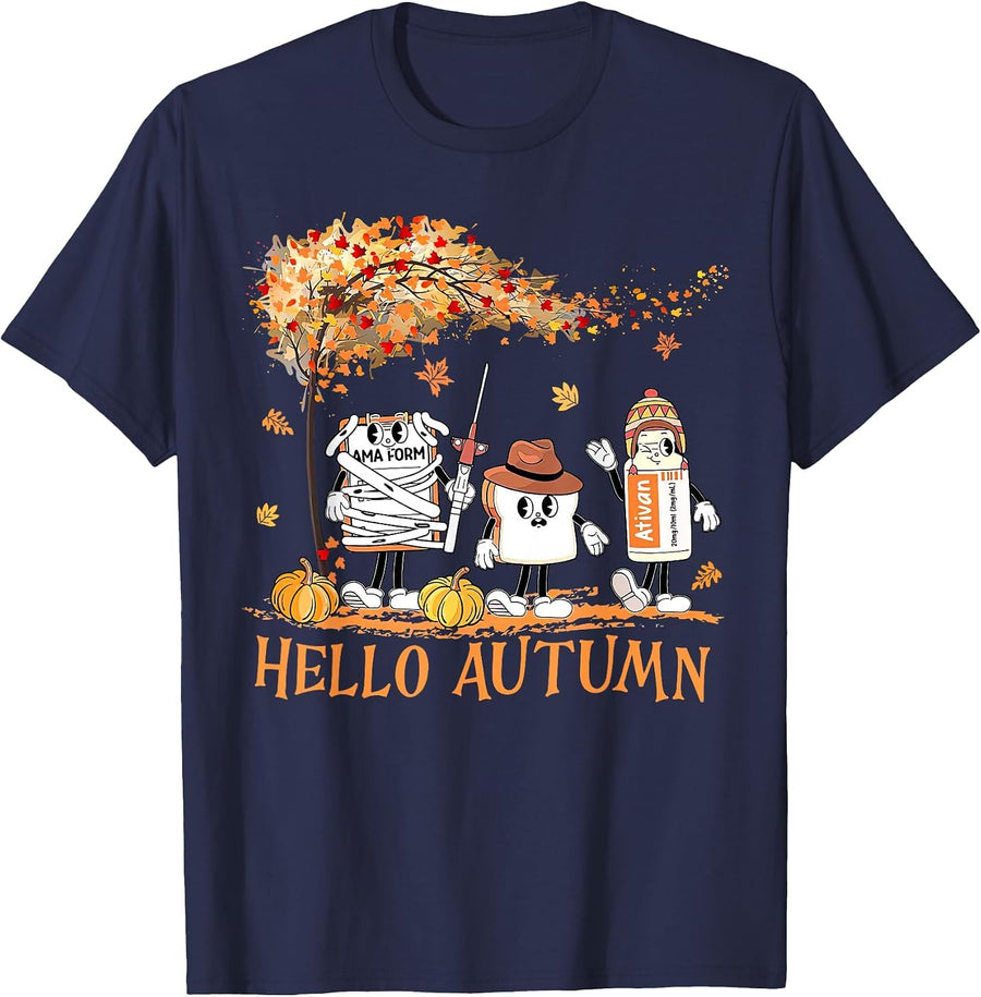 Hello Autumn Emergency Room ER Nurse Thanksgiving Fall Vibes T-Shirt - Navy Blue